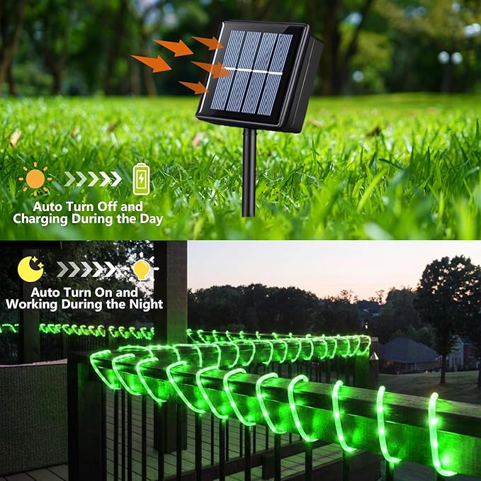 YEGUO Solar Rope Light Outdoor Waterproof, 66ft 200 LED Green String Lights, 8 Modes Tube Christmas Lights in Clear Thin Tube