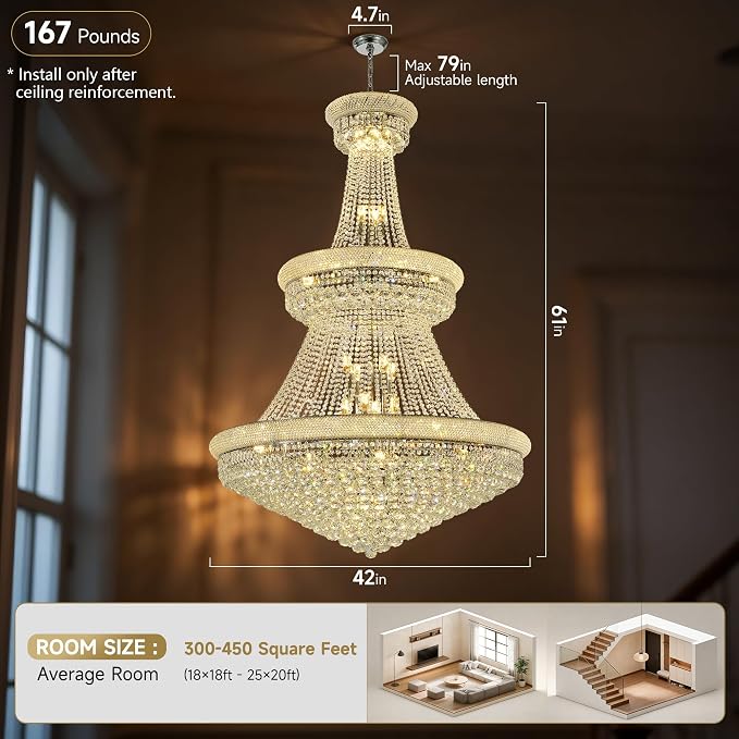 36-Lights High Ceiling Chandelier, 42'' W Modern Chrome Crystal Chandeliers Large Foyer Chandelier Fixtures for Staircase, Living Room, Hallway Entryway, Silver