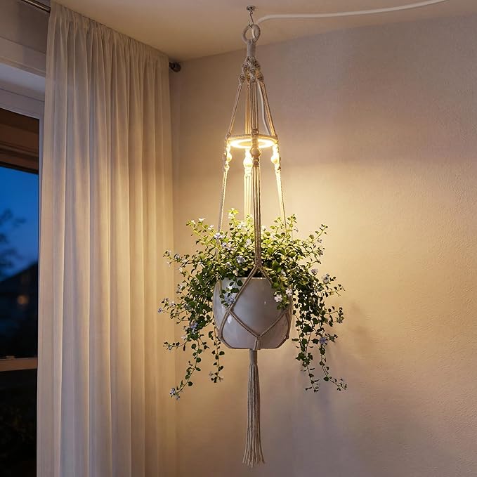 Hanging Plant Grow Lights for Indoor Plants with Timer | Wall Mounted Full Spectrum Pendant Growing Light with Macrame Plant Hanger, Ceiling LED Planta Luz for Potted Plants