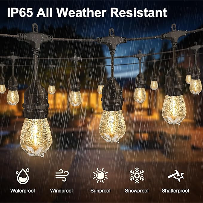 50FT Outdoor String Lights 32Bulbs (1.5FT Bulbs Spacing),120W Dimmer Remote | Patio Lights with IP65 Waterproof, Dimmable & Timing & 3 Mode, Connectable, Zipper Ties for Outside Commercial Backyard