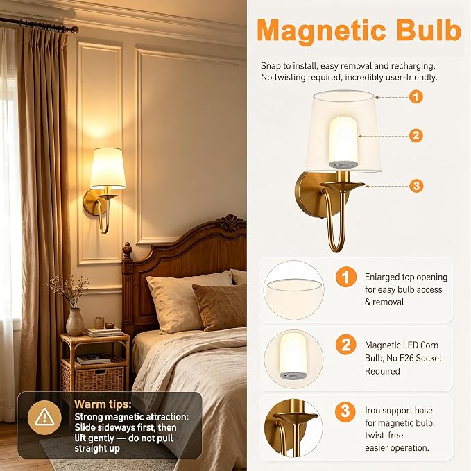 Rechargeable Wall Sconces Set of 2, 10000mAh Magnetic LED Bulb Wall Lights, 9 RGB Colors 3 CCT Dimmable, Battery Operated Cordless Wall Scone Lamp for Bedroom Living Room Home Decor