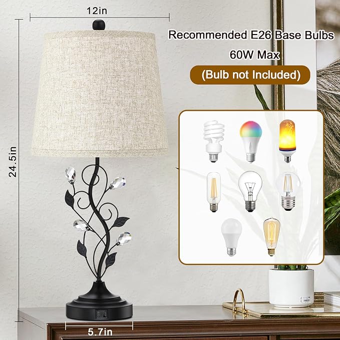 Sheetea 24.5’’ Table Lamps Set of 2 for Bedroom Living Room Bedside, Black | 2 USB Charging Ports, Farmhouse Rustic Style, Unique Leaf Design, Perfect for Bedrooms Nightstand End Tables Decor