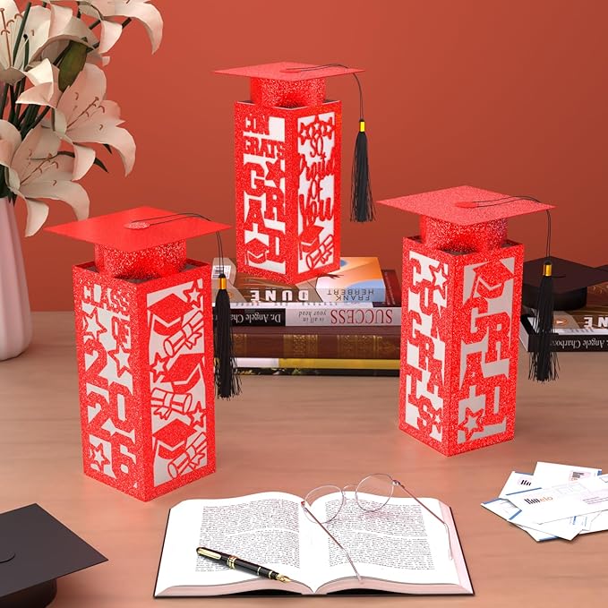 6 Pcs Graduation Table Centerpieces Boxes Class of 2026, Red Graduation Paper Lanterns Boxes with String Lights Hollow Out for Congrats Grad School College Table Decorations Grad Party Photo Props