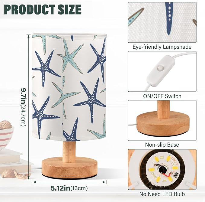 Table Lamp Nautical Starfish Pattern Nightstand Lamp with Wood Base Fabric Lamp Shade Bedside Desk Lamp for Living Room Bedroom Kids Room Office