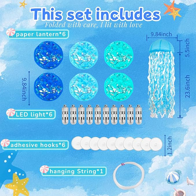 Jellyfish Paper Lanterns with LED Lights Set of 6, Blue Mix Dome Hanging Floating Decorations for Under the Sea Party Mermaid Birthday Ocean Classroom Beach Room Aesthetic