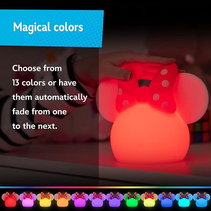 Disney Minnie Mouse Squishy Light, Color Changing, Night Light for Kids, USB Lamp, Battery Operated, Dimmable, Ideal for Bedroom, Playroom, Living Room, and More, 66945