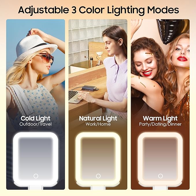 Magnifying Travel Makeup Mirror with Lights, Double-Sided 1X/30X Magnifying Mirror, 3 Color Lighting & Brightness Adjustable, Portable &Foldable Handheld Mirror with Lights(10" L x 5" W)