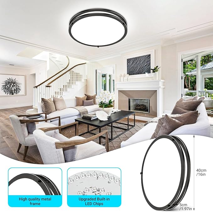 libtit 16Inch Flush Mount Ceiling Lights with Remote, 36W Dimmable LED Ceiling Light 3000K-6500K Adjustable, Large & Bright Black Light Fixture for Kitchen Bedroom LivingRoom -1Pack