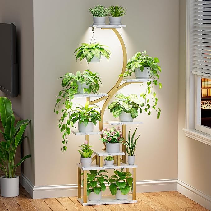 BACEKOLL Plant Stand Indoor with Grow Light, 8 Tier Corner Plant Shelf Tall | 62" Lighted Flower Holder for Plant Multiple, Space-Saving Beautiful Display Growing Rack for Home, Sturdy Metal, Faux Marble