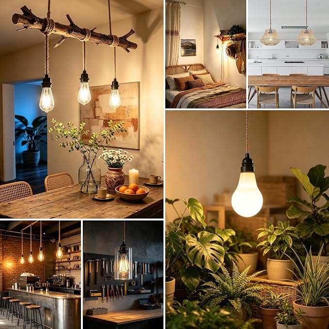 Plug in Pendant Light Cord - 15FT Industrial Hanging Light Kit, Hanging Lights with Plug in Cord With 15FT Hemp Rope, Hanging Lamp Kit with On/Off Switch,E26 E27 Light Socket, Bulb NOT Included