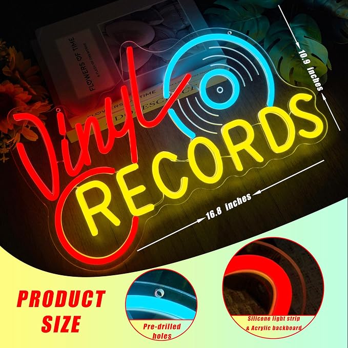 Neon Record Sign - Vintage Record Store Retro Light, Vinyl Record Decor LED Sign for Music Room, Home Studio & Man Cave, Retro Wall Art Gift for Audiophiles and Collectors(16.8 * 10.9inch)