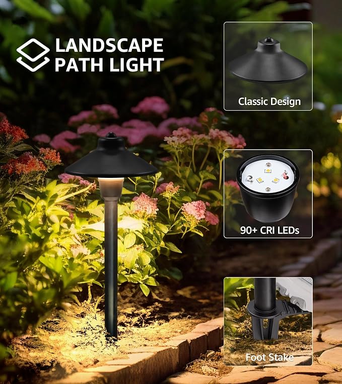 SUNVIE 12-Pack 6" Low Voltage Pathway Lights 3W 3000K Black, with Connector | Cast-Aluminum, Warm White, 12-24V AC/DC, ETL Listed Wire, IP65 Waterproof, Outdoor Landscape Path Lights for Driveway Garden