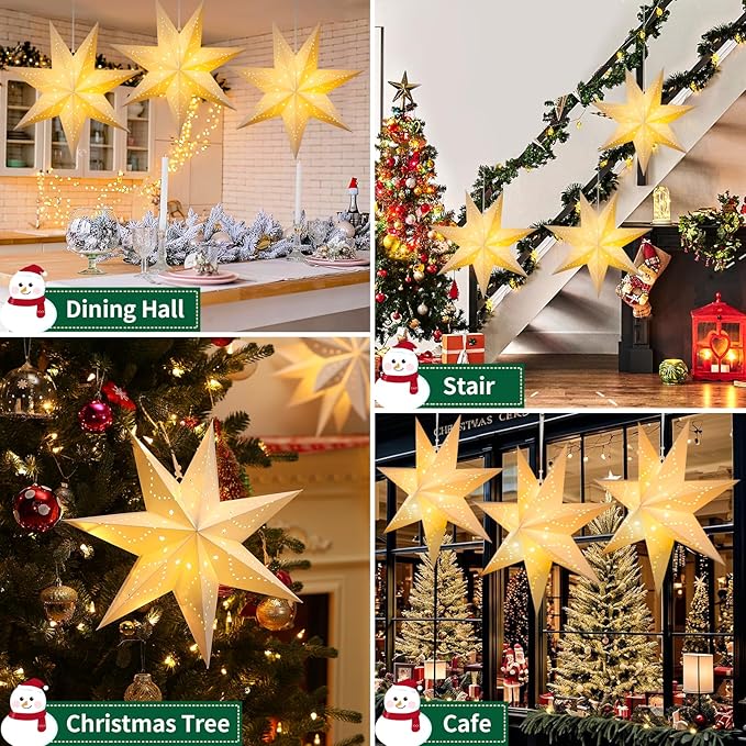 Lewondr Christmas Paper Star Lantern 3 Pack, Hanging Star Lights with Remote Control, Led Paper Lanterns with 6H Timer for Holiday Home Decoration