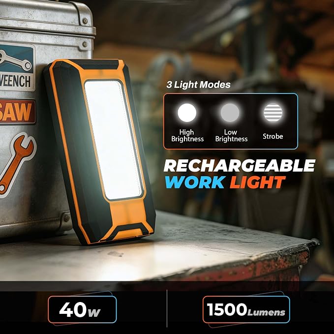 innofox 2-Pack LED Rechargeable Magnetic Work Light 1500 Lumens, Hanging Hook with 3 Modes, LED Work Light for Car Repair, Camping, and Hurricane Use