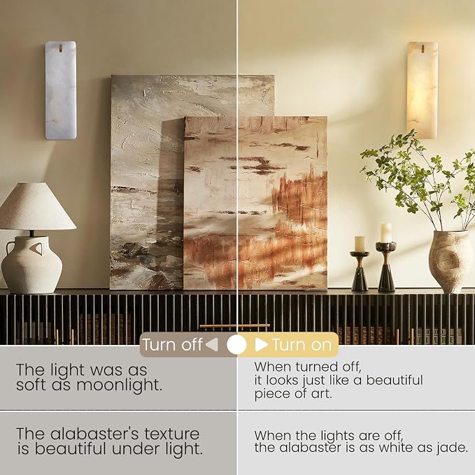 Rectangular Alabaster Wall Sconce 16 Inch, Natural Spanish Stone Brass Gold Wall Light, Modern Marble Sconces Dimmable E12 Hardwired Bathroom Vanity Light Fixture for Mirror, Bedroom, Hallway(1 Pcs)