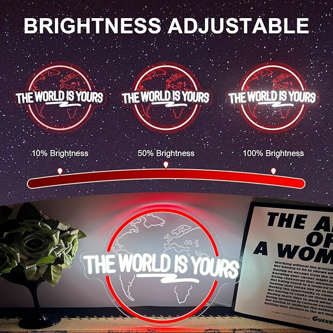 The World Is Yours Neon Sign Carved Planet Adjustable Brightness USB Powered LED Neon Signs for Wall Decor Light Up Signs for Bedroom Classroom Office Man Cave Game Room 41cm*31cm