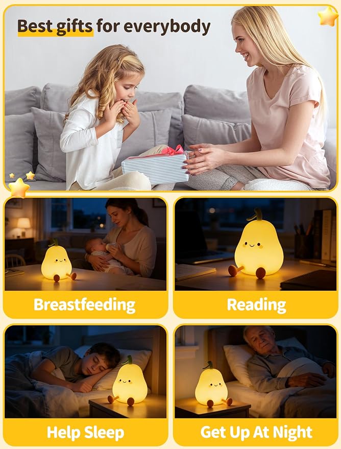 Pear Night Light for Kids, Nursery Night Lights, Bedside Touch Lamp, Cute Silicone Nightlight for Baby Toddler, 3 Level Dimmable Soft Night Lamps Gift for Bedroom Kids Room Decor