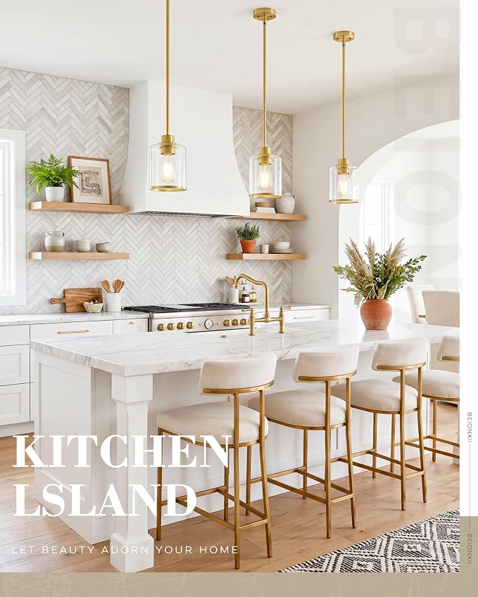 Beionxii 3Pack Pendant Lights Kitchen Island,Brass Kitchen Pendant Lighting | Farmhouse Gold Pendant Lighting with Clear Glass Shade,Mini Hanging Light Over Island for Dining Room Sink,BX-PL02BG-CG-3PK