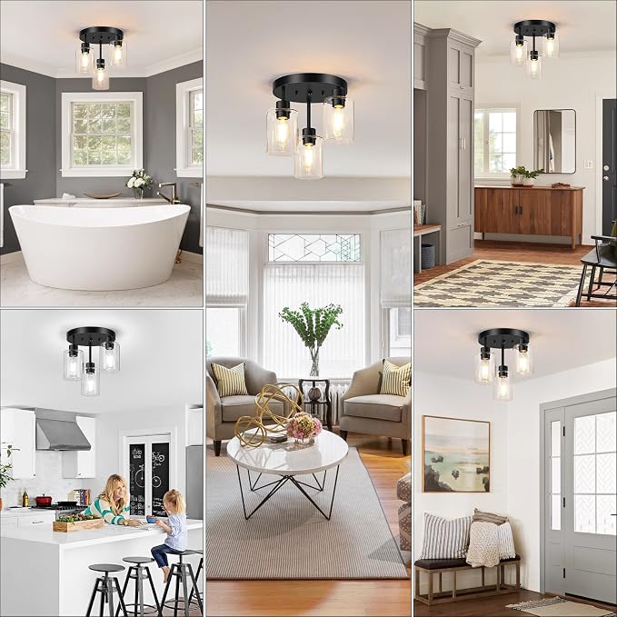 Farmhouse Flush Mount Ceiling Light, Black 3-Light Hallway Light Fixtures Ceiling with Clear Glass Shades, Light Fixtures Ceiling Mount for Kitchen Living Room Foyer, E26 Base