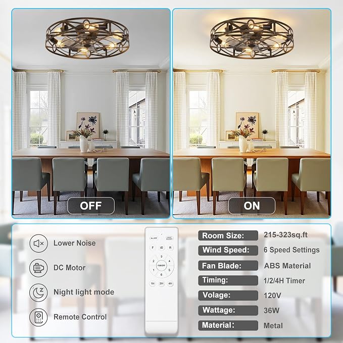 Depuley Flush Mount Ceiling Fan: 24" Caged Ceiling Fans with Remote Control for Patio Kitchen Bedroom - Low Profile Fandelier Lights Fixture Reversible 6 Speed Timer Brone 6*E26 Bulb Not Included