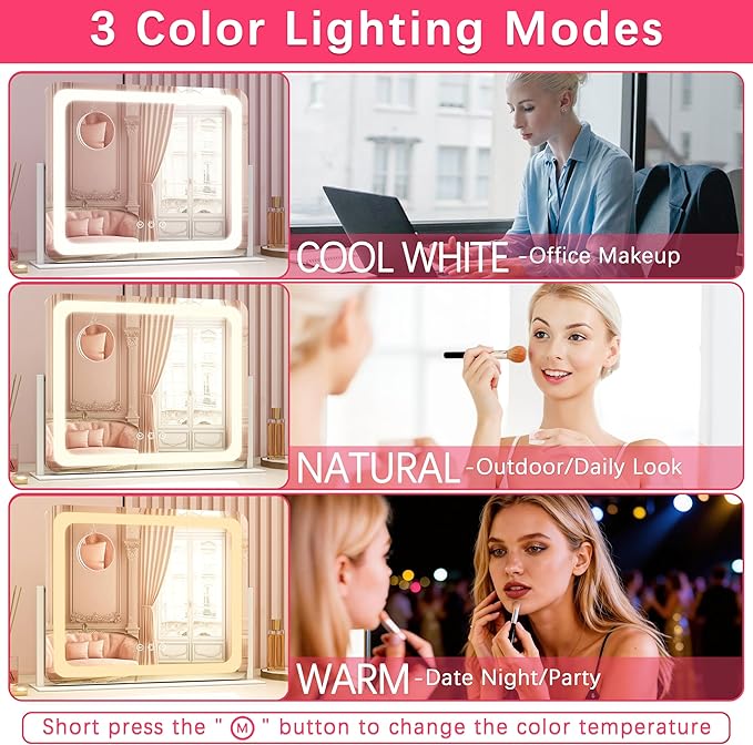 ROLOVE Large Vanity Mirror with Lights, 22"x17" Lighted Makeup Mirror for Desk, 3 Color Dimmable LED Lights, Smart Touch Control & 360° Rotation Tabletop Dresser Mirror (White)
