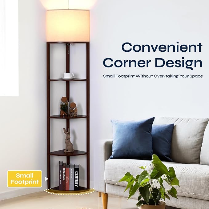 Corner Floor Lamp with Shelves, Tall Corner Lamp with Fabric Shade, Modern Torchiere Lamp for Living Room, Bedroom, Office, Corner Display Shelf with Light, Home Decor, Brown