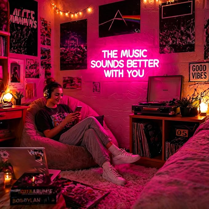 Neon Sign, Music Neon Signs for Wall Decor LED Signs Neon Light | The Music Sounds Better with You Neon Sign for Music Studio, Classroom, Bedroom, Club, Party, Pink Decor, Gift, USB Powered