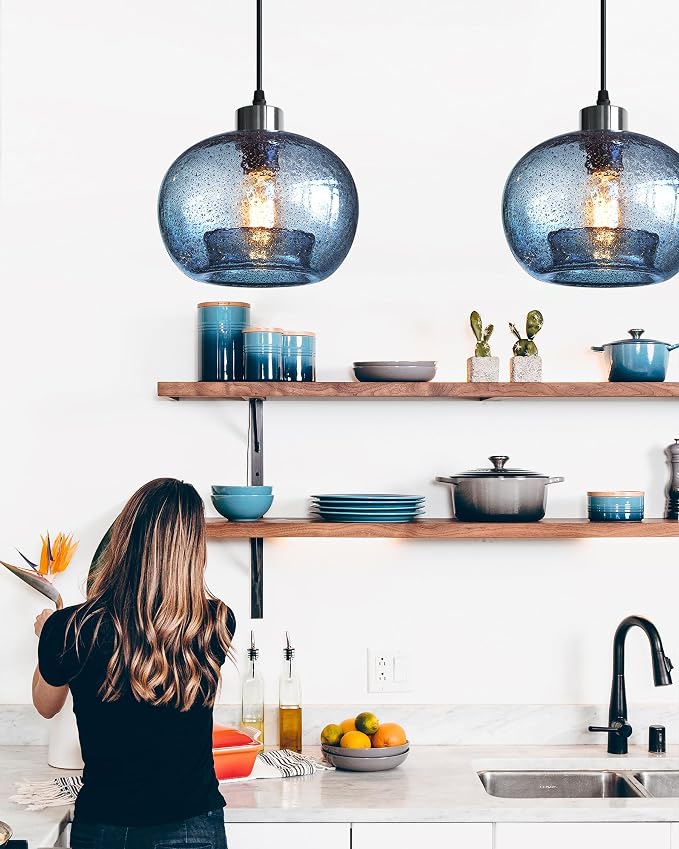 Blue Pendant Light, Hand Blown Glass,Brushed Nickel, 8.7 Inch | Modern Rustic Ceiling Hanging Fixtures Dimmable Kitchen Island Sink Foyer,Adjustable Cord ETL Certification