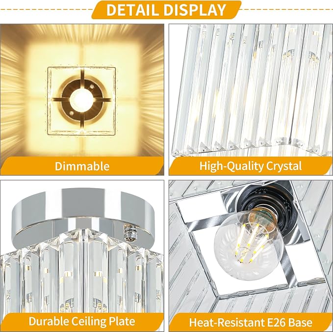 Modern Crystal Ceiling Light Fixture Chrome Hallway Entryway Light Fixtures | 2-Pack, 7.24 Inch, E26 Dimmable, Bathroom Bedroom Ceiling Light, Kitchen Dining Room Laundry Close to Ceiling Light Fixtures