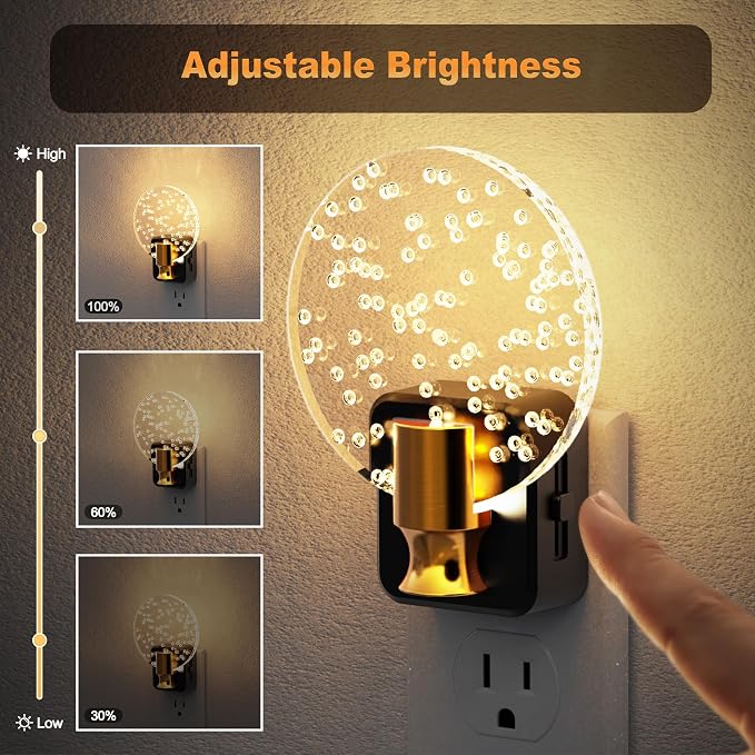 JandCase Night Light, Dimmable Night Lights Plug into Wall 2 Pack | Bubble Nightlight with Auto On/Off Light Sensor, 0-100LM LED Round Nightlights, 180°Rotatable Acrylic Nite Light for Hallway