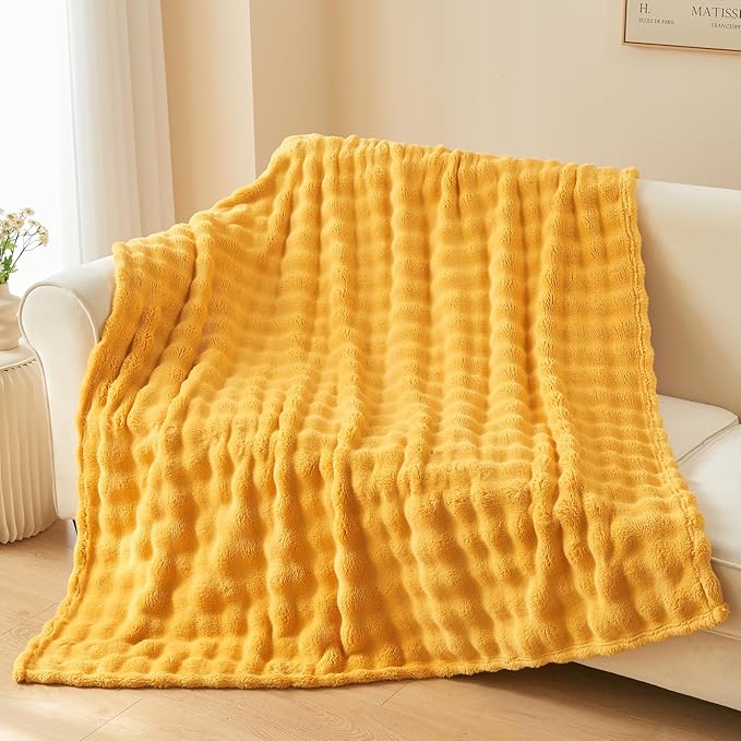 NEWCOSPLAY Twin Blanket for Couch Mustard Yellow Super Soft Flannel Fleece 3D Bubble Lightweight Bed Blanket All Season Use (Mustard Yellow, Twin(60"x80"))