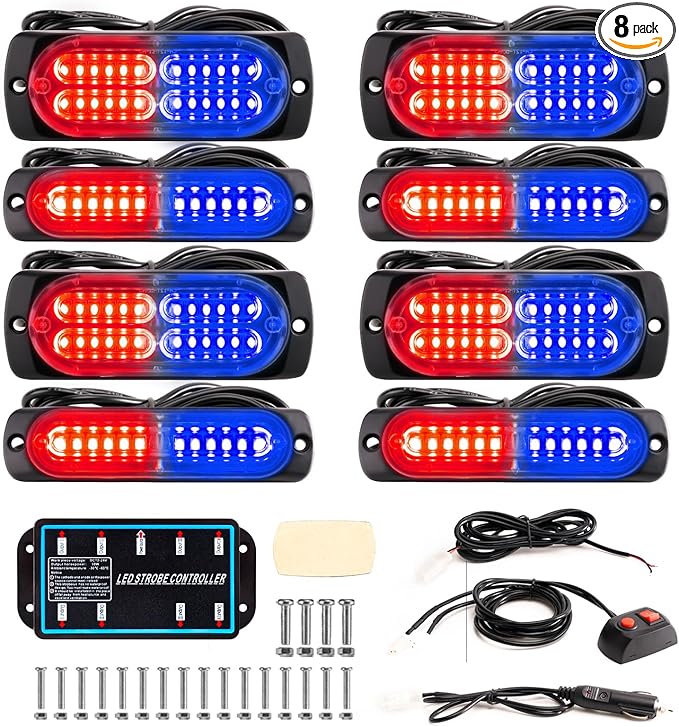 BooYu 8-pcs Sync Feature LED Emergency Strobe Lights Ultra Slim Grille Surface Mount Flashing Warning Hazard Light Bar w/Controller for Police, Firefighter, Trucks, Vehicles, Car (Red/Blue)
