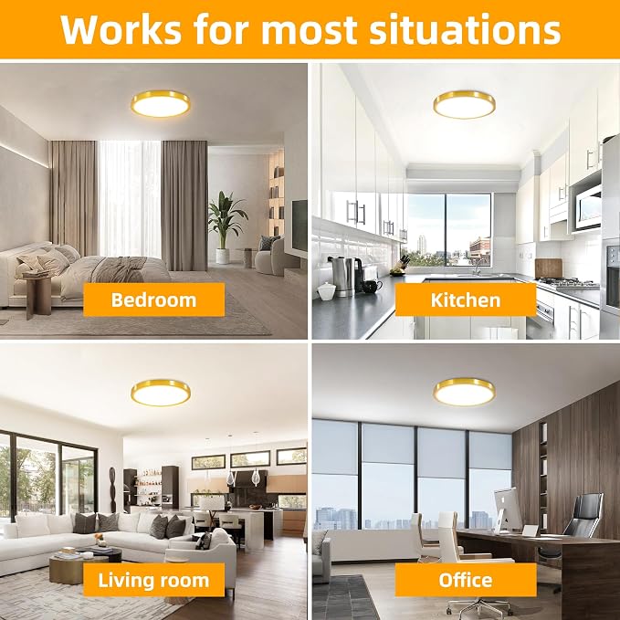 Hlite 12 Inch Flush Mount LED Ceiling Light,2400LM,3CCT,4 Pack | 24W 3000K/4000K/5000K Selectable,Low Profile Ceiling Light Fixtures for Kitchen Bedroom Hallway Laundry Room Closet, Gold