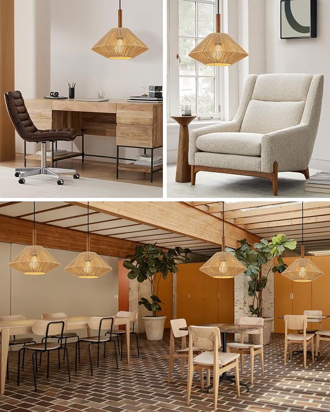 ELYONA 12.6" Boho Pendant Light Fixtures, Rattan Woven Pendant Light with Solid Ash Wood, Hanging Light for Kitchen Island, Farmhouse Ceiling Light for Dining Room Bedroom Living Room