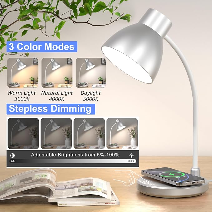 LED Desk Lamp for Home Office with Wireless Charger, Silver | 3 Color Modes Dimmable Eye-Caring Study Reading Dorm Desk Lamp, 360° Flexible Arm Table Lamp for College Dorm Room, 800 Lumen