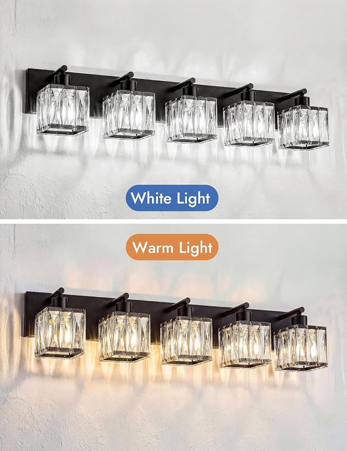 VOLISUN Black Bathroom Light Fixtures, Modern Bathroom Lighting Fixtures Over Mirror, 5 Light Bathrooms Vanity Light, Crystal Vanity Light for Bathrooms-UL Certificated(Exclude Bulb)