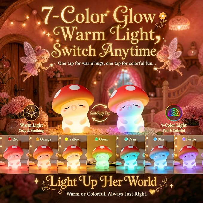 FAMIDUO Mushroom Night Light for Kids, Silicone Squishy RGB Nursery Lamp | 2-Brightness & Breathing 7-Color Rainbow, Anti-Blue Eye-Caring, BPA-Free Silicone Mood Light , Cute Gifts for Baby Toddler
