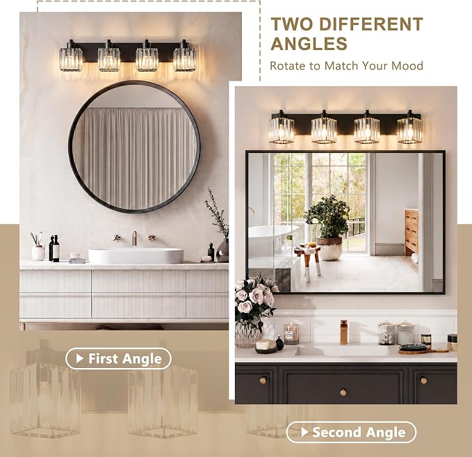 Modern Bathroom Vanity Light, 4-Light K9 Crystal Bathroom Lighting Fixtures Over Mirror, Black Vanity Light with Square Shade