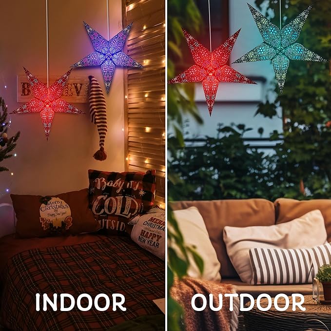 GalaxyArts Paper Star Lantern, 24 Inch Chakra Turquoise 3D Light-Up Hanging Lamp, Handcrafted Hollow Out Star Decoration for Christmas, Wedding, Parties, Birthday, Indoor Outdoor Home Décor (Medium)