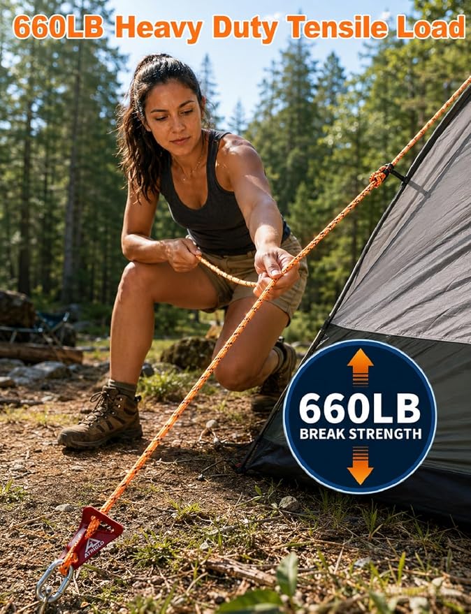Camping Rope with Light 12FT 660LB LED Illuminated Nylon | Tent Rope for Hammock Clothesline Dog Leash SOS Emergency Type-C Touch Switch IP68 Waterproof Orange