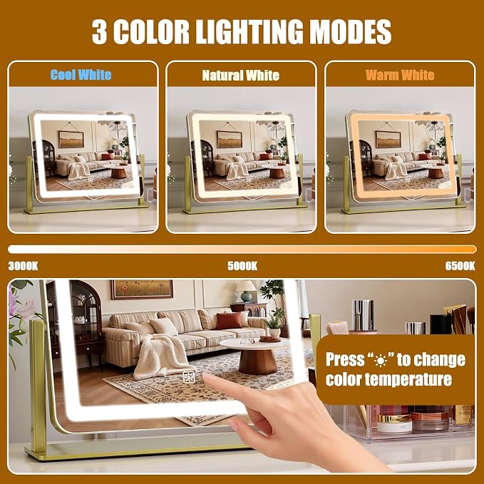 Rechargeable Vanity Mirror with Lights, 3000mAH Battery, 16"×12.4" LED Makeup Mirror, 10X Magnification, Smart Touch with 3-Color Lighting, 360° Rotation, Lighted Up for Makeup Desk, Bedroom (Gold)