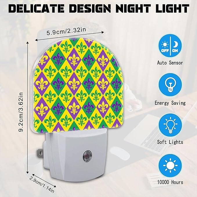 Happy Mardi Gras Carnival Night Light for Kids,Colorful Fleur De Lis Plug in Night Light with Dusk to Dawn Sensor, 0.5w Energy Saving Nightlight for Hallway Stairway Kitchen Bedroom