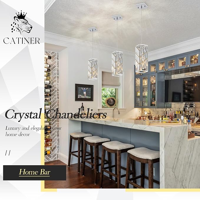 CATINER Chrome Crystal Pendant Light 3-Pack, Kitchen Island, E26 | Chrome crystal pendant lights 3-pack with adjustable 59" cords, E26 base, dimmable for kitchen island lighting