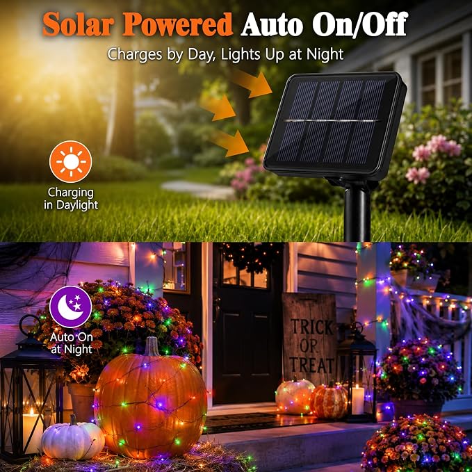 cshare Halloween Solar Fairy Lights 2 Pack 16.4FT 50LED Each, Orange Purple Green Halloween Lights Waterproof Outdoor Black Wire String Lights for Yard Porch Garden Fence Tree Decor
