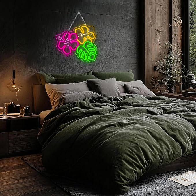 Hibiscus LED Neon Sign Tropical Monstera Light Up for Beach Wall Decoration | 13.38IN*12.59IN,Five level brightness adjustment,USB power,For Bar,Club,Pub,Living room,Bedroom,Restaurant,Beach Bungalow