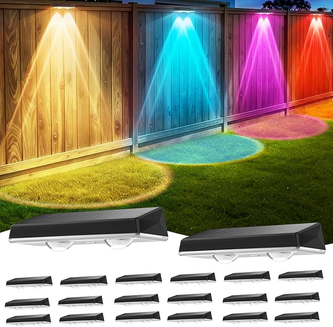 Dusk to Dawn Solar Fence Lights 7 Fixed Colors and RGB Waterproof Solar Deck Light ON/Off Push Switch Outdoor Solar Wall Lights for Outside/Backyard/Step/Patio/Pool, 20PACK
