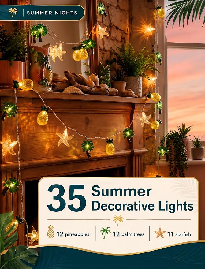 19Ft Hawaiian Beach String Lights Outdoor with 35 LED Starfish, Pineapple & Palm Tree Lights, Plug-in Tropical Party Decoration for Patio, Backyard, Garden, Window, Tiki Bar, Pool Party Decor