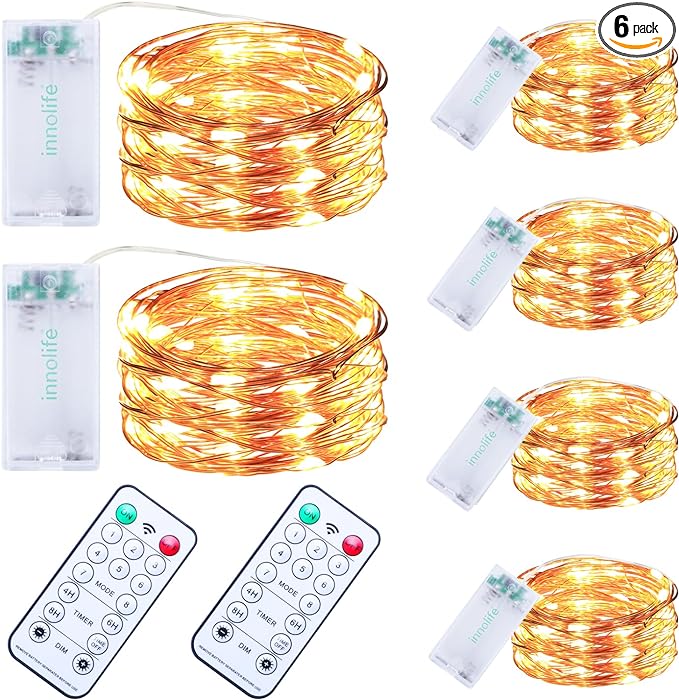 innolife LED Fairy String Lights Battery Operated Timer with Remote Control | 6 Pack 10 Ft 30 LED Copper Wire Twinkle Lights for Bedroom Christmas Wedding Party Indoor Outdoor Decoration