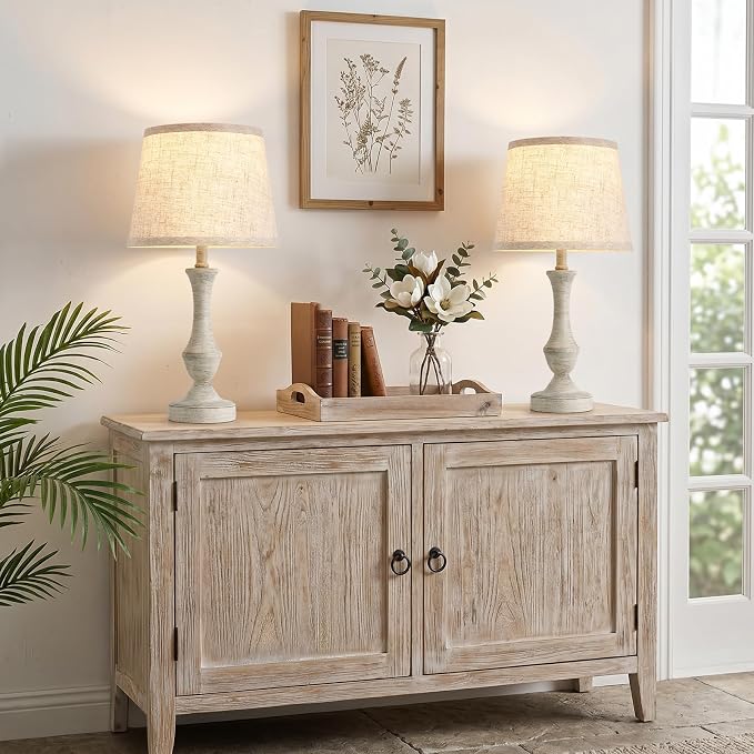 Luvkczc Table Lamp Set of 2, 19" Cottage Core Resin Bedside Lamps Nightstand Lamp for Living Room & Bedroom, Linen Shade Desk Lamps Office, Study(Bulb not Included)