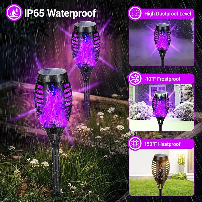 Purple Halloween Solar Lights Outdoor with Flickering Flame, 4 Pack | Halloween Decorations Solar Torch Lights, Waterproof Solar Halloween Lights Tiki Torches for Outside Patio Pathway Yard Decor